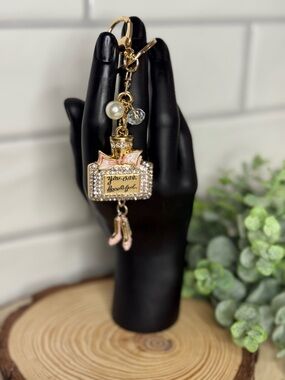 Gold and Pink Perfume Bottle Keychain Charm